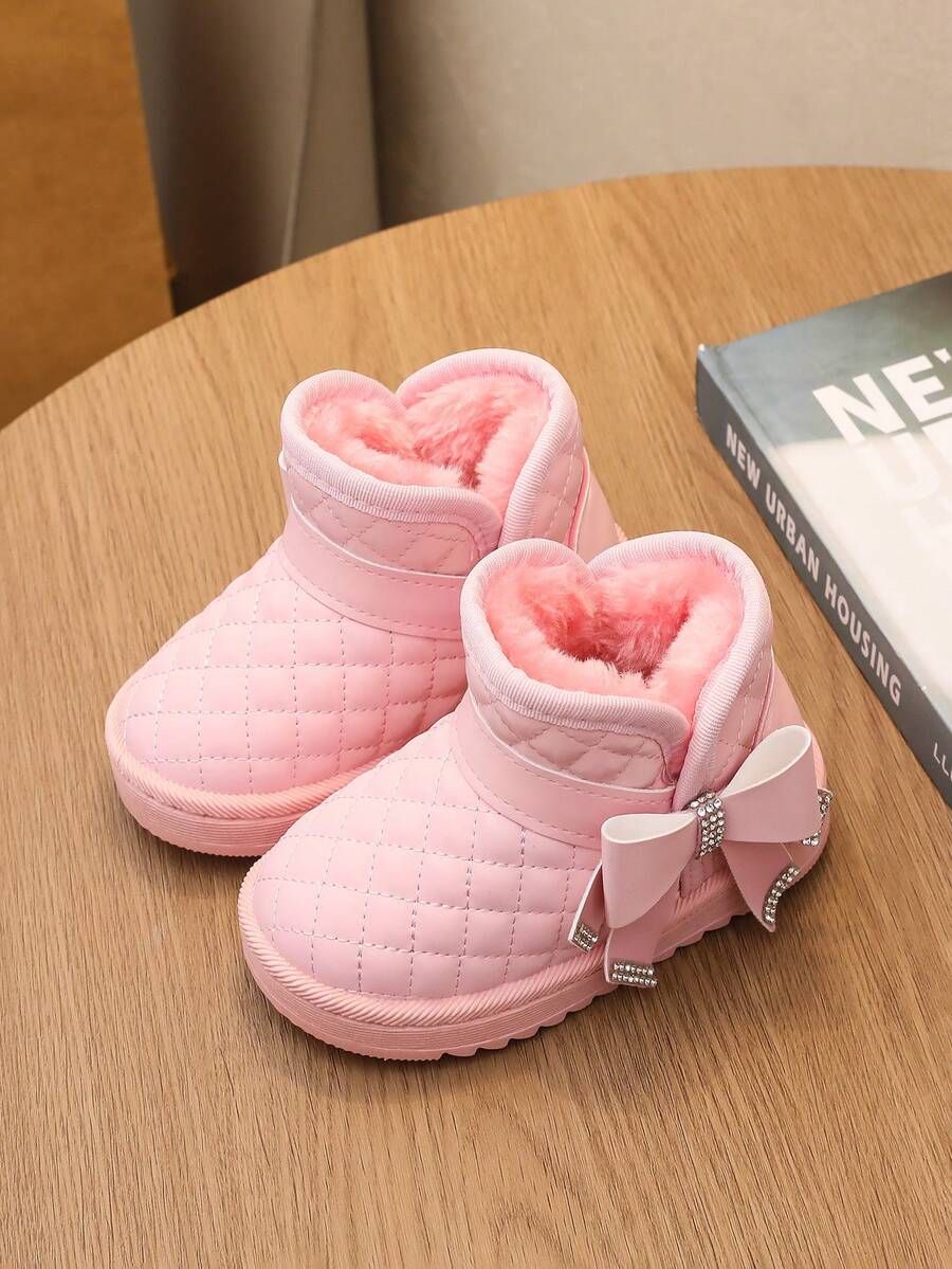 Warm | Comfortable | Durable | Thermal Lined, 1 Pair Girls' Winter Outdoor Casual Fashionable Snow Boots With Bow Decor, Suitable For Children - Pink - View 1