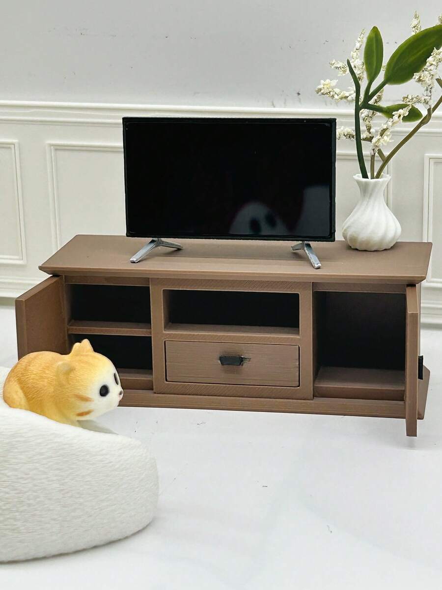 1. Dollhouse Miniature TV Cabinet, Realistic TV Model, Wooden-Look Resin Cabinet, Mini Model Home Decor, Dollhouse Living Room Sofa Scene, Walnut Color Micro Floor Cabinet, Small Vase Decor, Drawer Cabinet Decor, Openable Small Cabinet, Micro Furniture Model - Multicolor - View 1