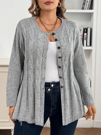 Plus Size Solid Color Button Knitted Twist Rope Cardigan Sweater