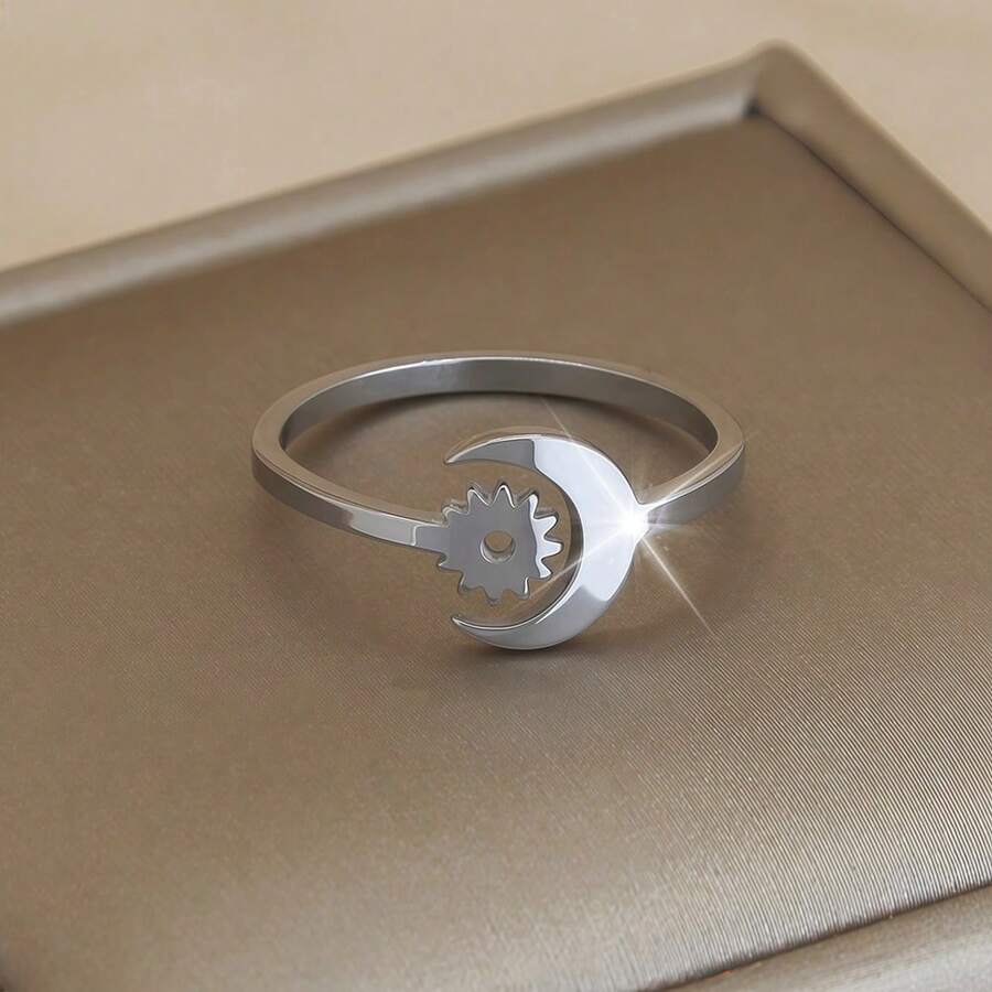 1 pieza Anillo ajustable de acero inoxidable con combinación minimalista de estrella y luna, banda lisa y delicada