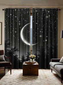 两件套涤纶纤维印花窗帘，图案为星空、夜林和月亮 - 过滤/半透明/防窥，带杆套设计，可机洗，非常适合卧室、办公室、厨房、客厅、书房装饰（不含窗帘杆），卧室装饰，客厅窗帘 - 彩色 - 查看 16