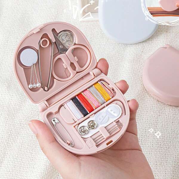 1 Set Portable Mini Sewing Kit In Plastic Box, Compact Sewing Supplies For Travel, Emergency Repair, Home And Dorm Use, Suitable For All Seasons