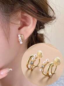 1 Pair Fashion Faux Pearl & Rhinestone Double Row Clip-On Earrings, Elegant Personalized Mosquito Coil Clip Earrings For Women, Suitable For Daily Wear And Holiday Gifts - Ear Clip - View 1