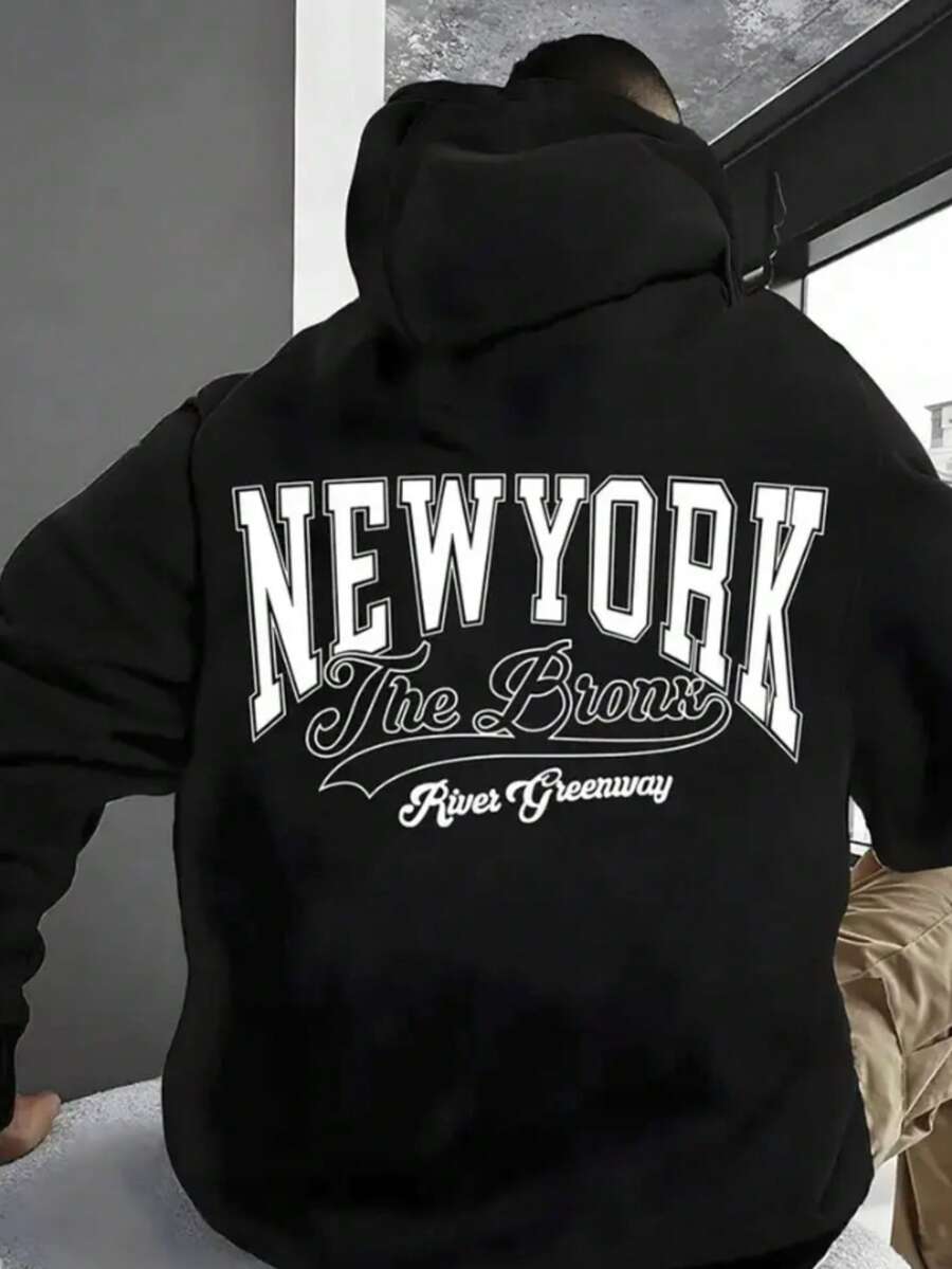 Sudadera con capucha con cordón y estampado de letras para hombre, para otoño - Negro - Ver 1