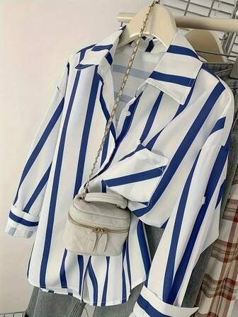 Camisa azul a rayas casual, femenina, holgada y versátil de manga larga, adecuada para primavera y otoño