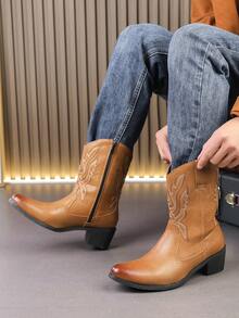 Botas vaqueras de media pantorrilla estilo retro americano occidental para hombres, botas de montar con tacón cuadrado estilizado y bordados