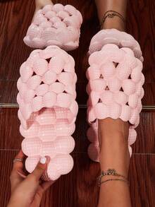 Fashion Bubble Plush Slides Slippers, Casual Solid Color Plush Lined Soft Sole Non Slip Shoes, Stylish & Comfortable Shoes - Baby Pink - View 8