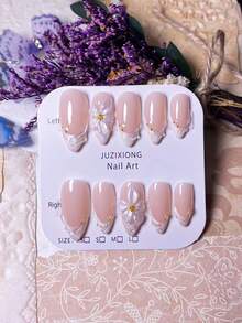 10片手工杏仁金线镜面3D花卉简约可拆卸美甲贴片，时尚优雅美甲用品，手工按压式美甲贴片 - 彩色 - 查看 3