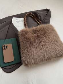 Fashionable Fluffy Casual Minimalist Chic One Shoulder Handbag For Women, Autumn 2025 - Coffee - View 7