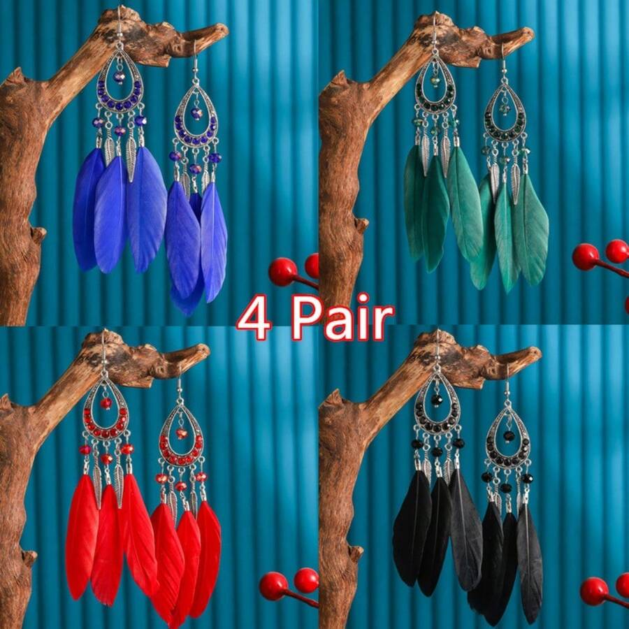 4 Pair/ Set Multi Color Long Tassel Style Feather Shaped Women's Earrings, Bohemian  Women's Earrings, Fashionable Daily Wear Jewelry Accessorie - 4對 - 查看 1