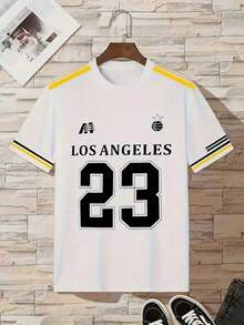 洛杉矶 23 号图案篮球球衣款式 T 恤，男款 - 休闲运动，弹力涤纶，短袖，圆领 - 非常适合夏季街头装和户外活动 - 彩色 - 查看 3