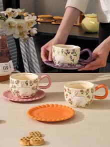 1 Set Floral Rabbit Ceramic Coffee Cup & Saucer Set, European Chic Ceramic Cup & Saucer, High-Quality Household Water Cup, Afternoon Tea Mug, Souvenir, Gift Cup
