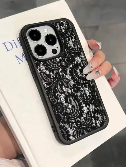 1 pièce Étui de protection de téléphone à texture de fleur en dentelle noire mat anti-chute, compatible avec 16, 15, 14, 13, 12, 11, 17 Pro Max