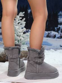 Women's Warm Turnover Cuff Thickened Mid-Calf Snow Boots, Retro Buckle Thick Sole Dual-Wear Snow Boots, Thick Shaft Snow Boots