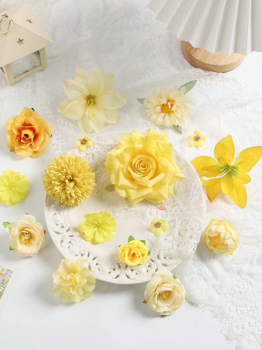 48pcs Mixed Color Artificial Flowers, Including Artificial Roses, Peonies, Daisies, Suitable For Wedding/Home Decor, Wreaths/Hats, Floral Decoration And Table Centerpieces - Yellow Series - View 1
