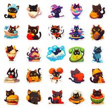 50 张黑猫可爱卡哇伊贴纸、复古 DIY 笔记本剪贴簿、摩托车笔记本电脑、行李涂鸦贴花 - 彩色 - 查看 1