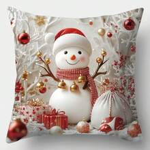 4 piezas Fundas de cojín con estampado de muñeco de nieve y Papá Noel, estilo contemporáneo, de poliéster con cierre de cremallera, lavables a máquina, funda de cojín suave adecuada para Navidad, invierno, granja, sofá, cama, sala de estar, decoración del hogar