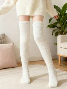 防滑毛绒过膝袜、保暖羊毛过膝袜、舒适冬季暖腿袜、女士柔软毛绒靴袜 - 彩色 - 查看 3