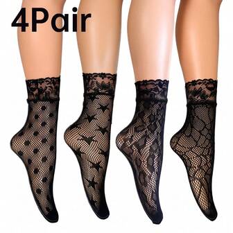 4 Pairs Women's Sexy Black Lace Jacquard Fishnet Stockings