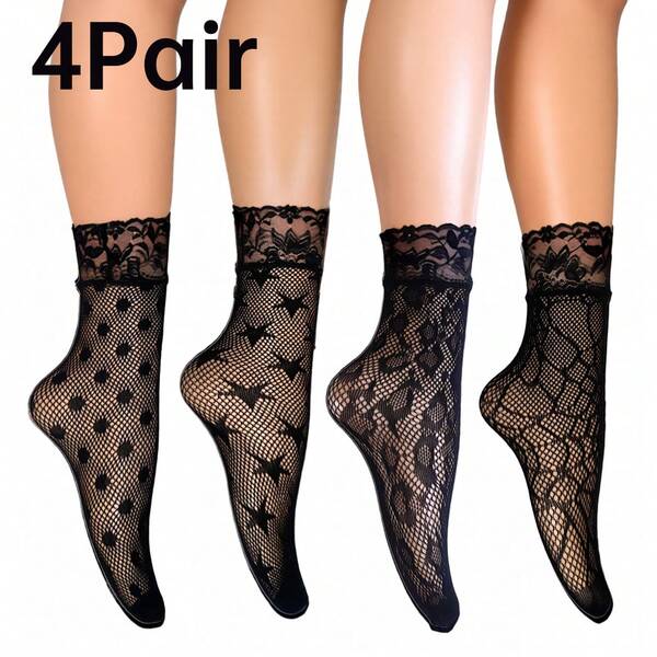 4 Pairs Women's Sexy Black Lace Jacquard Fishnet Stockings