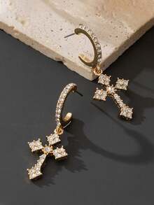 1 par de pendientes con colgante de cruz de rhinestone, diseño único adecuado para mujeres