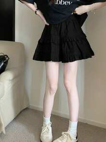 花卉印花少女连衣裙，纯色高腰褶皱休闲度假裙，女士 - 黑色 - 查看 1