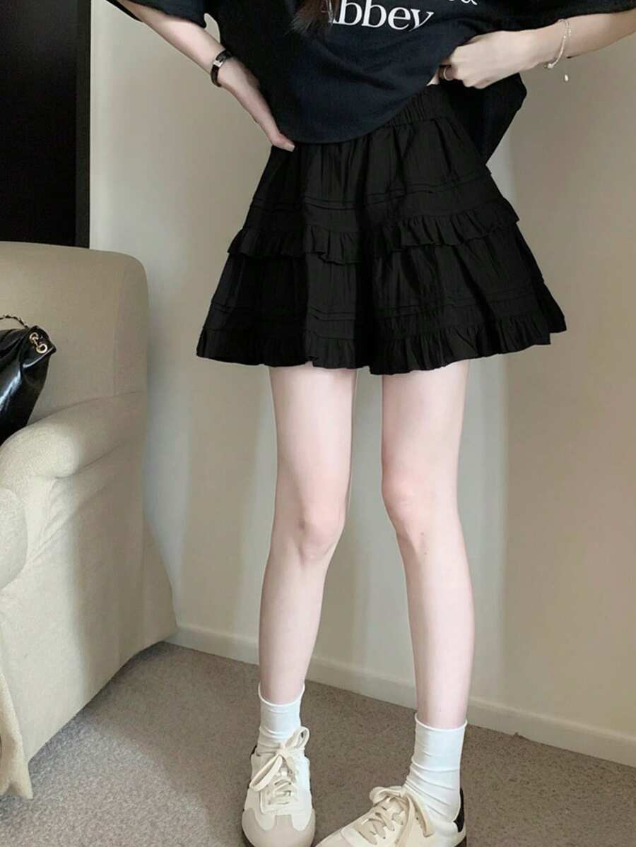 花卉印花少女连衣裙，纯色高腰褶皱休闲度假裙，女士 - 黑色 - 查看 1