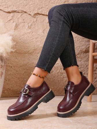 Women's Chunky Heel Slip-On Flats, Solid Color Punk Business Elegant Preppy College Style PU Leather Mary Jane Shoes, Office/School