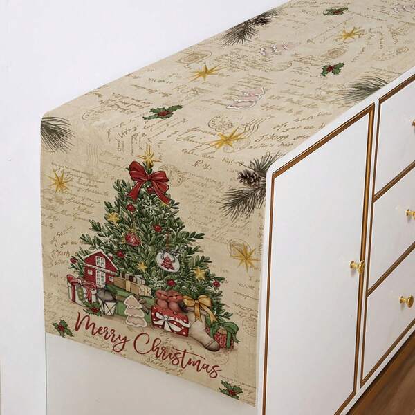 1 Stück Vintage Weihnachtsbaum Tischläufer, Poinsettia Box Design, Winter Küche & Esszimmer Dekoration, geeignet für Innen- und Außenveranstaltungen Zuhause, 33*90cm, 33*120cm, 33*183cm, 33*230cm, 33*275cm