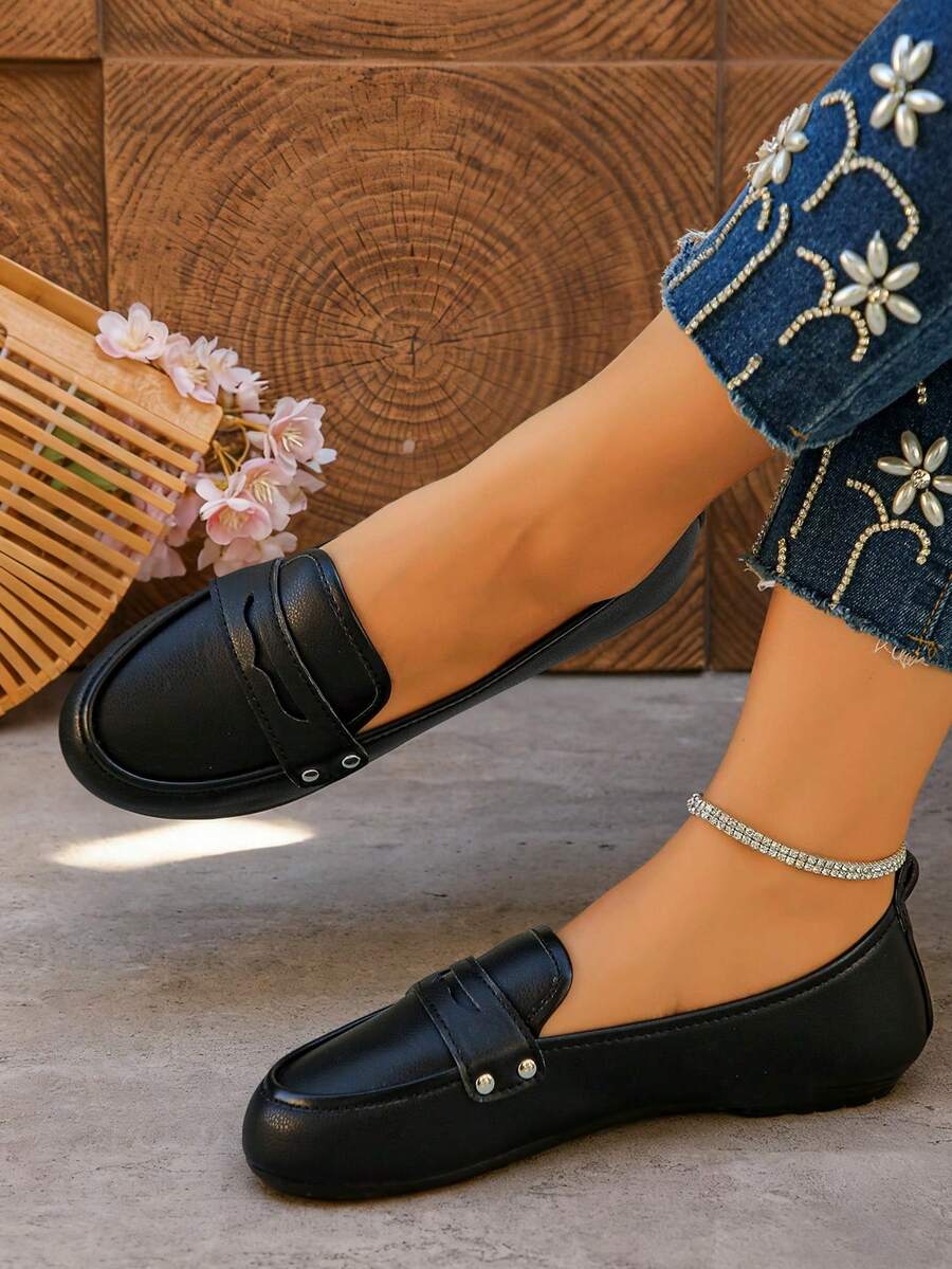 女士舒适防滑圆头低跟黑色平底一脚蹬休闲乐福鞋莫卡辛鞋，适合秋季日常穿着 - 黑色 - 查看 1