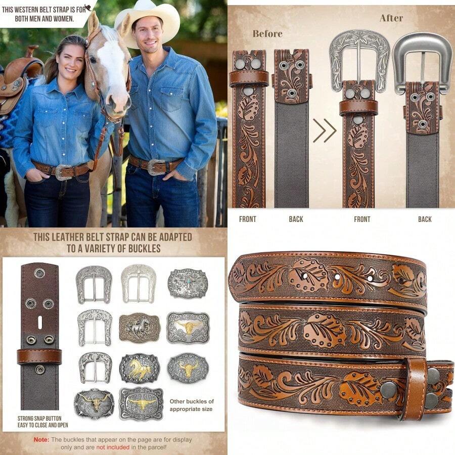XZQTIVE Western Leather Belt Strap For Men Women Cowboy Cowgirl Black Genuine Leather Belt Without Buckle Removeble For Jeans - 深棕色龜葉 - 查看 1