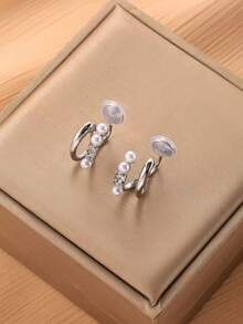 1 Pair Fashion Faux Pearl & Rhinestone Double Row Clip-On Earrings, Elegant Personalized Mosquito Coil Clip Earrings For Women, Suitable For Daily Wear And Holiday Gifts - Ear Clip - View 4