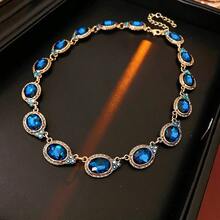1pc Retro  Blue-Tone Faux Gem Choker & 1pc Retro  Blue-Tone Faux Gem Earrings |   Gold-Plated With Faux Diamonds, Translucent & Eye-Catching, Light Luxury & Elegant, Multi-Occasion Suitable, Unique No Duplicates, For Gifting & Daily Wear - Dây chuyền - Vàng - Xanh - Xem 9