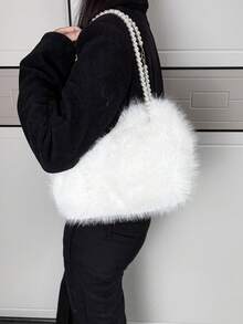1pc Fluffy One Shoulder Handbag, Crossbody Bag For Women, High-End Pearl Chain Furry Bag, Versatile For Travel, Vacation, Daily Shopping, Great Gift For Mom