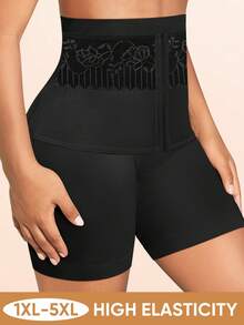 1pc Plus Size Women Shaping Panties, Big Size Floral Patchwork High Waist Tummy Control Briefs - 黑色 - 查看 2