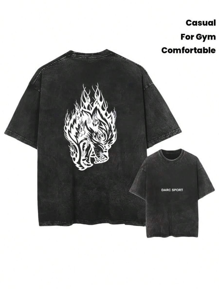 Men'S Vintage Darc Sport Wolves Graphic T-Shirt - Black Cotton Oversized Fitness Tee With Flame Design, Short Sleeve Crew Neck For Gym, Skateboarding & Casual Wear, Gym Apparel, Sporty Design, Comfortable Fit Distressed Festive - 黑色 - 查看 1