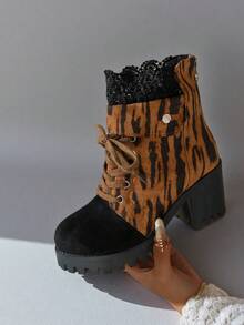 New Women's Rhinestone Embellished Versatile High Heel Ankle Boots, Black; Lace-Up Boots, Wine Red, Leopard Print, Thick Sole, Brown