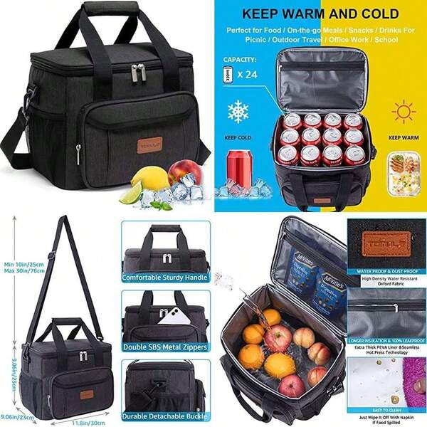 Insulated Lunch Bag - 24-Can Leakproof - Easy Clean Reusable - Soft With Shoulder Strap (15L, Black)