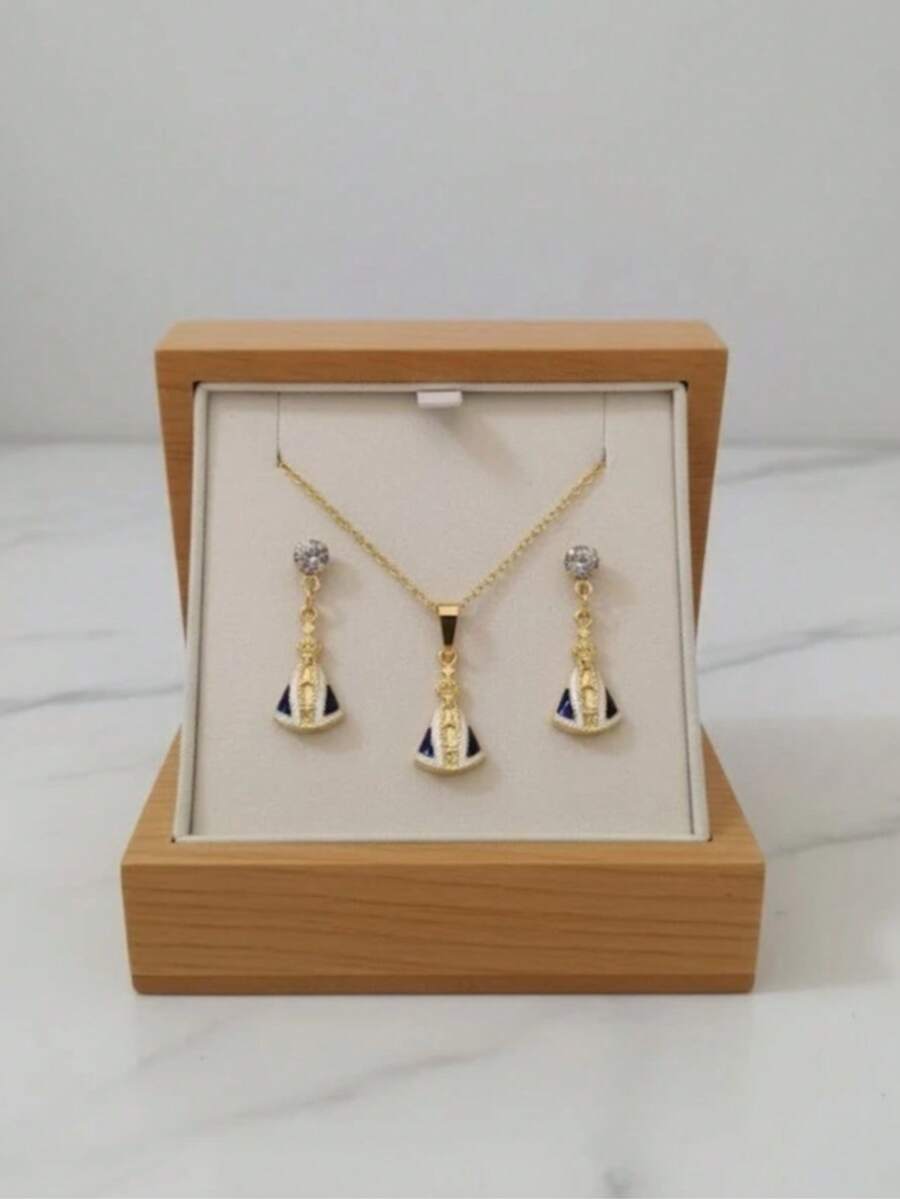 Kit Colar + Brinco Nossa Senhora Aparecida Folheado Strass