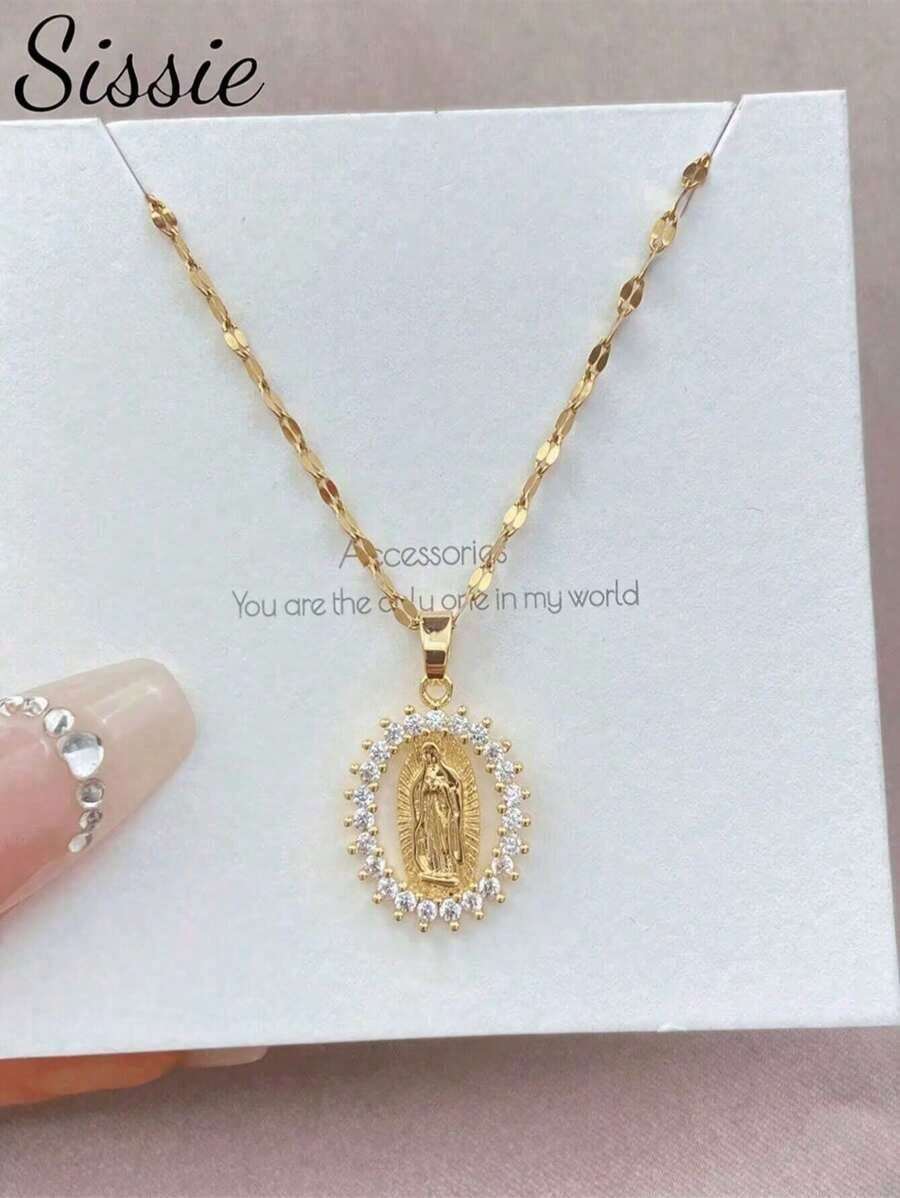 1pc Retro Hip Hop Style Copper & Zirconia Decor Virgin Mary Charm Necklace With Stainless Steel Chain For Girls For Party Banquet Festival Accessory For Daily Life Fine Jewelry Gold Jewelry Back To School - 黃金 - 查看 1