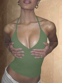 Minimalist Halter Top With V-Neck And Tie At The Neck Summer - Army Green - View 5