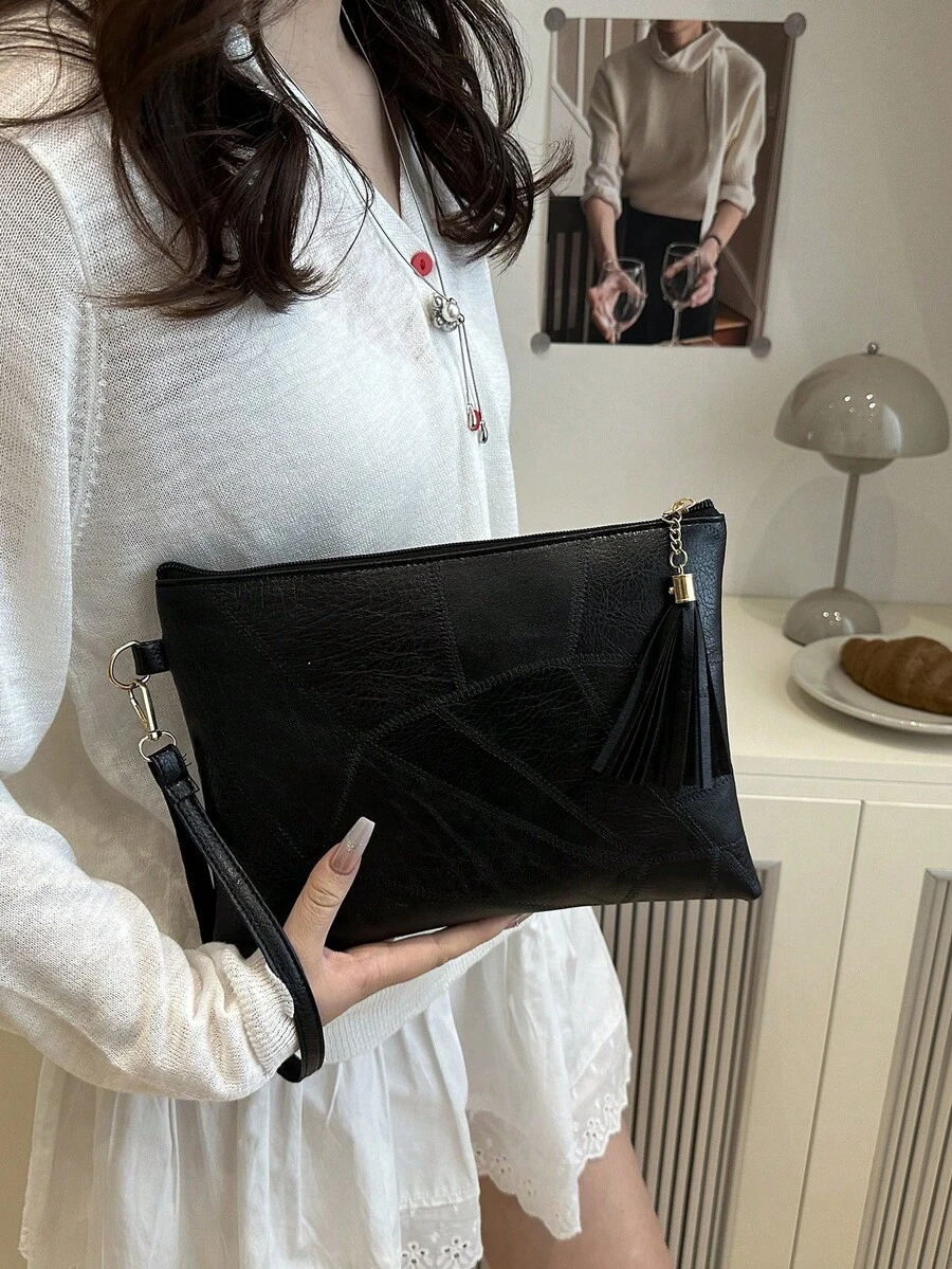 柔软质感复古女士手提包,2025新款纹理设计腋下包,时尚流苏褶皱单肩包,信封腕包【拼布位置随机】 - 黑色 - 查看 1