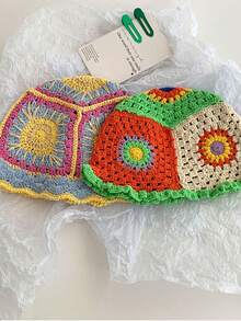 1 件手工钩编镂空撞色休闲渔夫帽，艺术小脸设计，适合女士冬季 - 彩色 - 查看 9