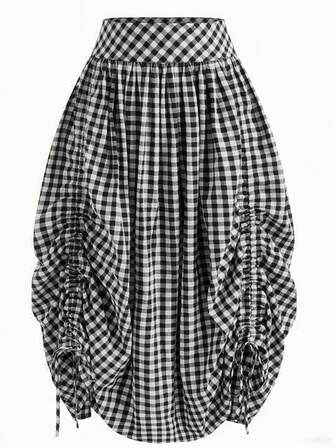 女士法式格子休闲口袋荷叶边抽绳双面半身裙，适合约会和海滩