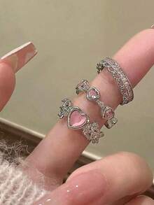 Bộ 3 nhẫn đính đá hình nơ và trái tim phong cách Y2K, thích hợp cho nữ, có thể đeo khi hẹn hò, dự tiệc, dịp Giáng sinh, Lễ tình nhân và đeo hàng ngày. - Nhiều màu - Xem 1