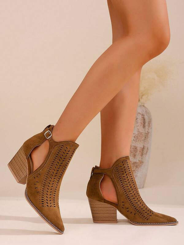 Women's Fashion Sexy Casual Chunky Heel Hollow Sandals, Rhombus Pattern, Elegant And Stylish