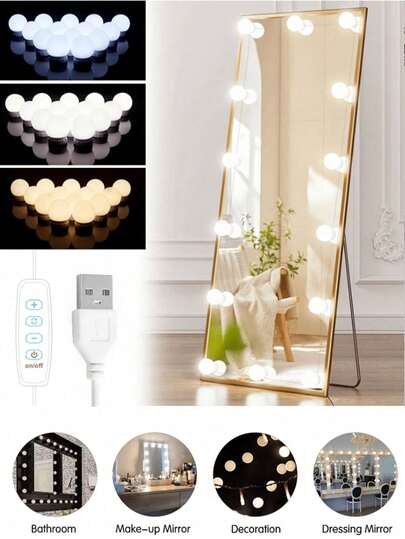 مرآة مكياج قابلة للتعديل ثلاثية الألوان بإضاءة USB، لمبة مكياج ب- 3 ألوان مع 4/6/10/12/14 مصباح LED، قابلة للتعتيم، كابل قابل للتدوير، إضاءة خشبية للمنضدة، قابلة للتعديل، ملونة، مناسبة للحمام والمنضدة والخزانة العرض ومرآة المكياج، تعمل بالطاقة USB للمكياج اليومي وإضاءة منضدة التجميل ومرآة المكياج والإضاءة في الحمام والبث المباشر وتصوير الفيديو والمكياج وديكور الغرفة