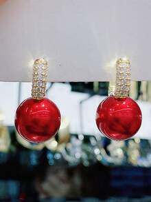 1 Pair Elegant Minimalist Red Ball Rhinestone Decor Pendant Earrings For Women - Red - View 5