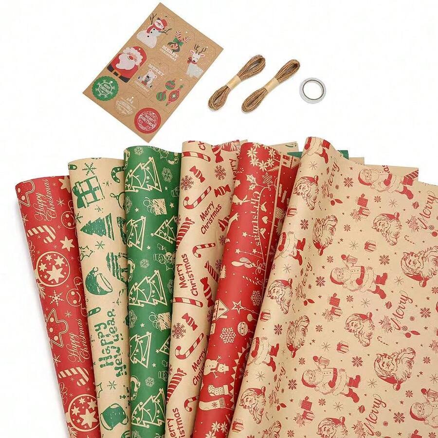 6 Rolls Kraft Christmas Wrapping Paper Set - 19.68x27.55 Inch Sheets! Vintage Retro Style With Santa, Reindeer Patterns For Gift Packaging, Scrapbooking, Xmas Tree Decoration Christmas Pajamas Christmas Decor - Multicolor - View 1