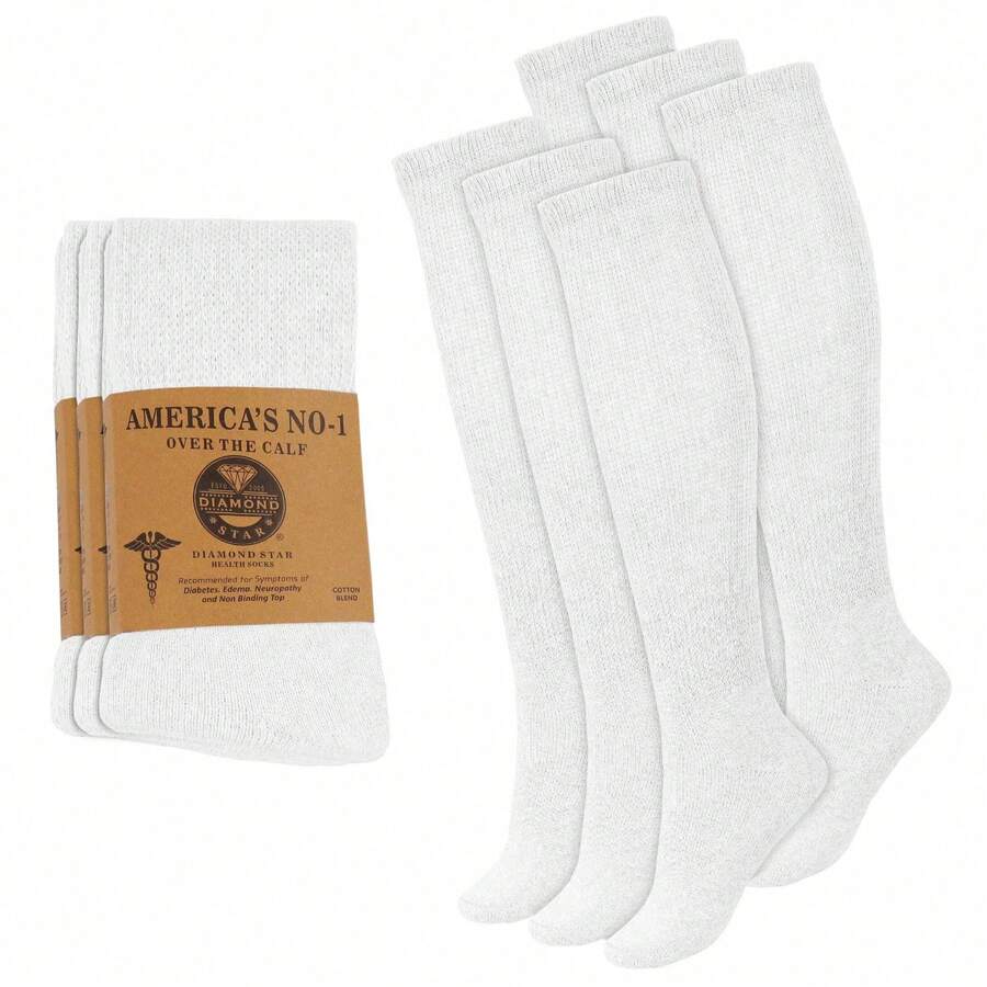 Mens Diabetic Over The Calf Socks Knee Premium Cotton High Socks - White - View 1